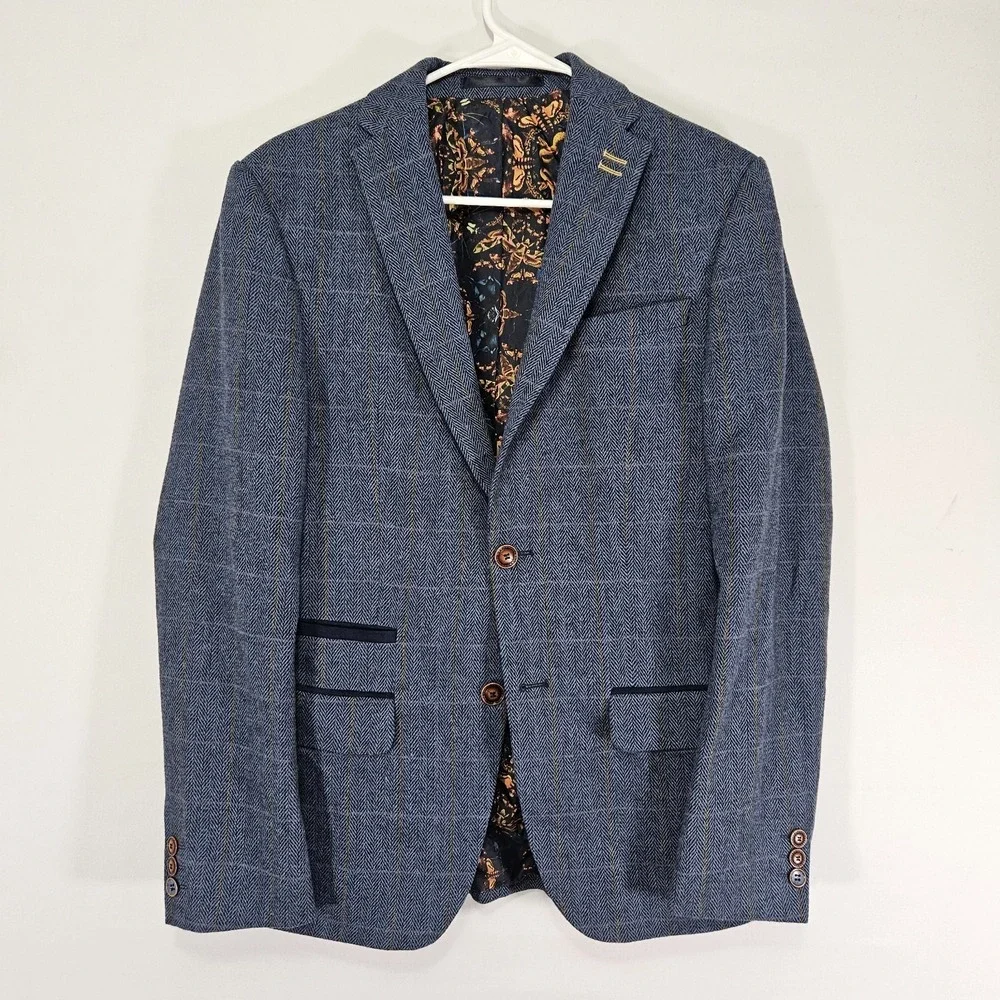 Men's Polyester Tweed Sport Coat Blazer Two Button Blue Plaid Size 36R